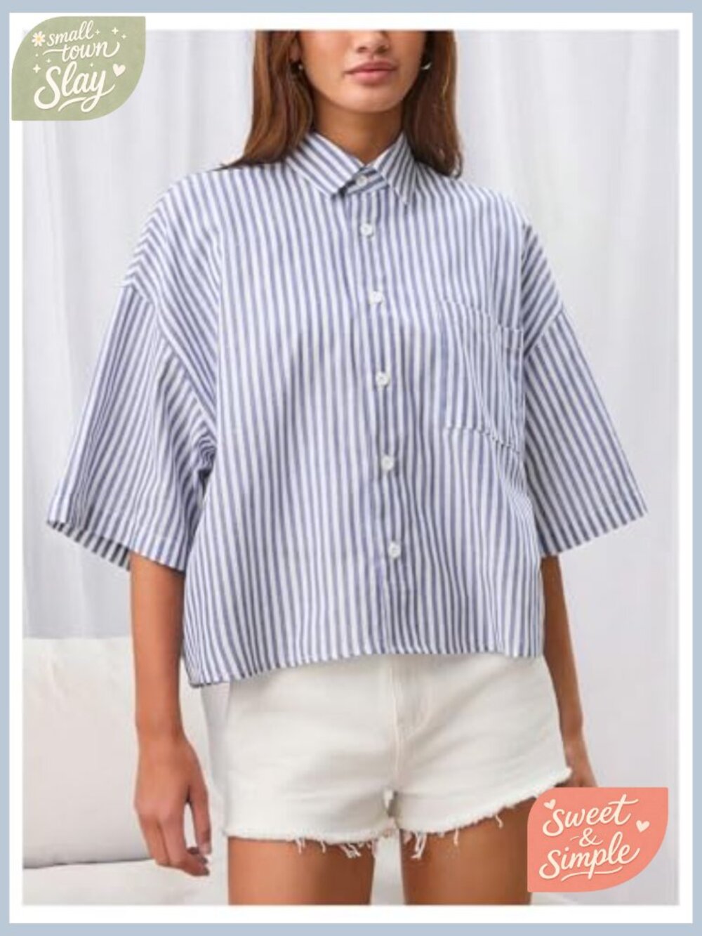 Men's Striped Boxy Cropped Button Down Shirt Short Sleeve Patched Pocket Baggy - Picture 2 of 5
